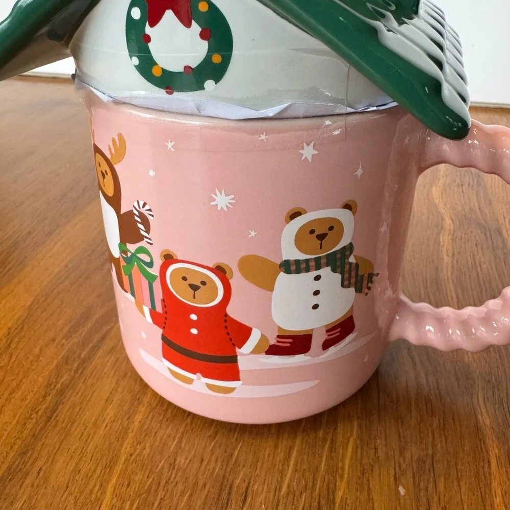 STARBUCKS 2025 Holiday Bear House Mug Roof Lid 14oz Limited Edition Pink Green - Picture 4 of 7